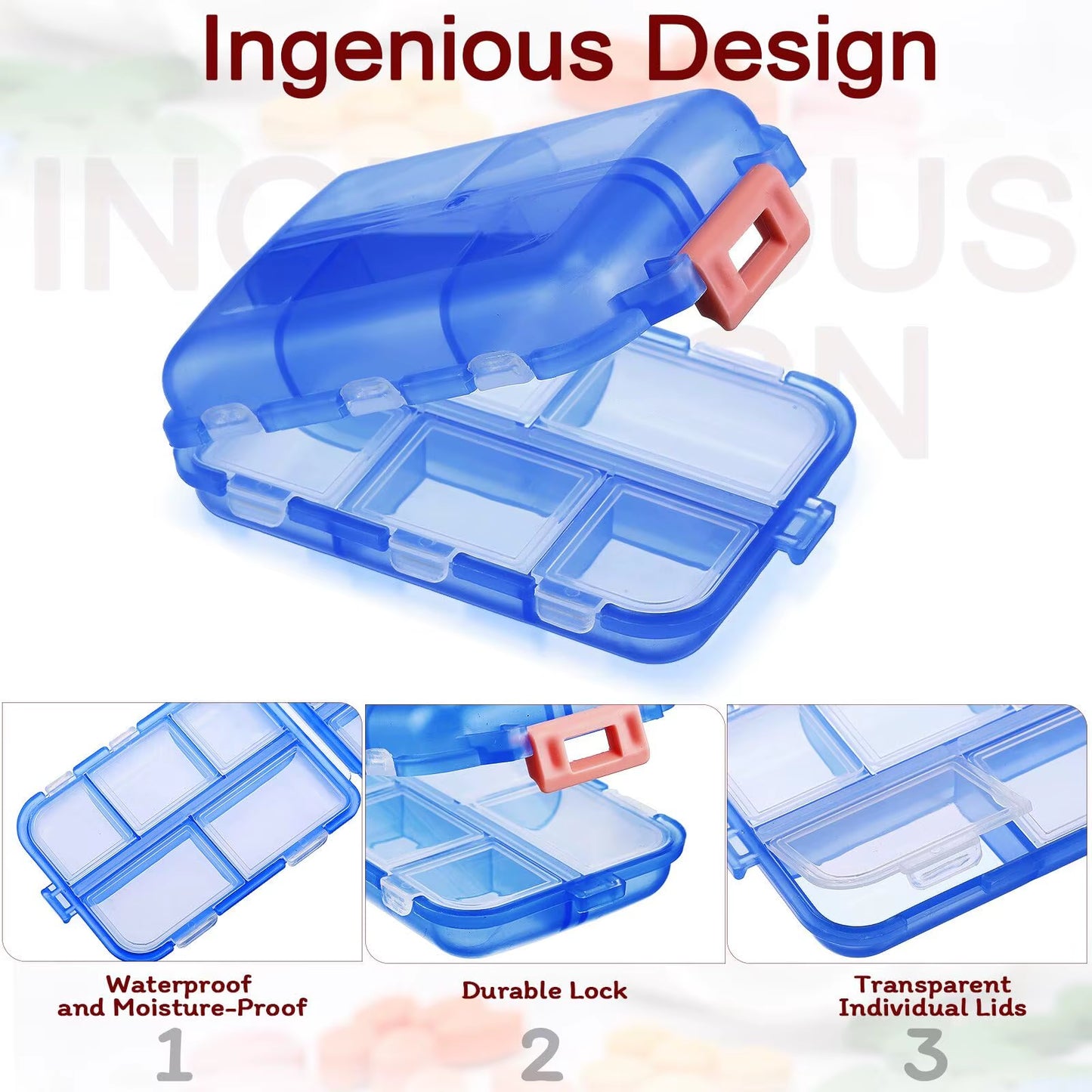 10 Compartments Travel Pill Organizer Pocket Portable Pill Storage Box Case Daily Pill Container or Purse Fish Oil Medicine
